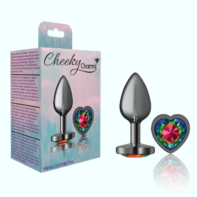 Cheeky Charms Gunmetal Small Metal Butt Plug Heart-Shaped Rainbow