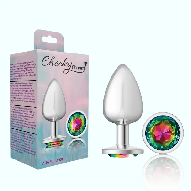 Cheeky Charms Silver Large Metal Butt Plug - Round-Shaped Rainbow