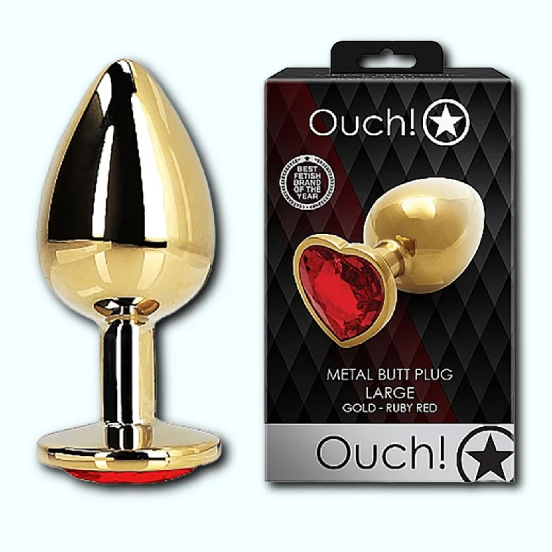 Shots Ouch! Heart Gem Butt Plug Large - Gold/Ruby Red