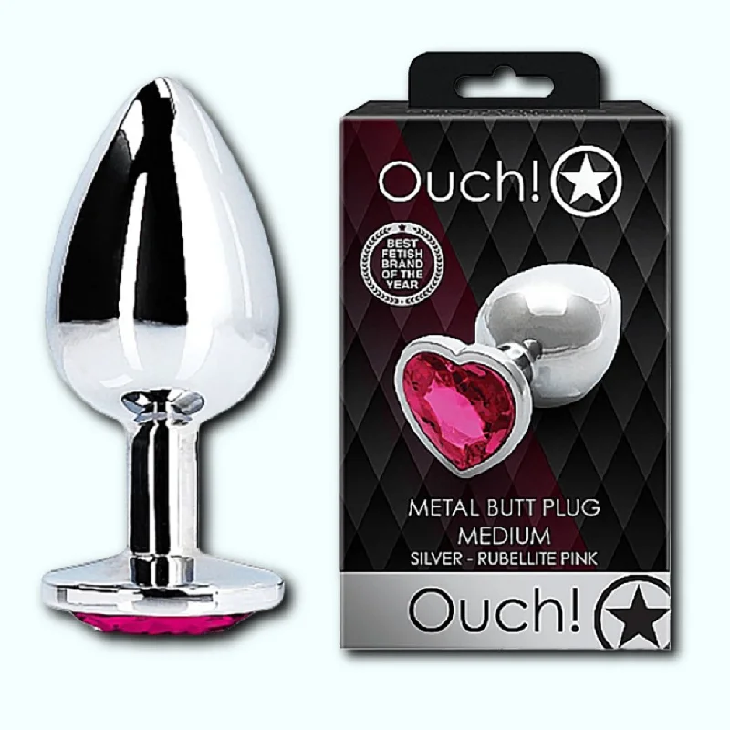 Shots Ouch! Heart Gem Butt Plug Medium - Silver/Rubellite Pink