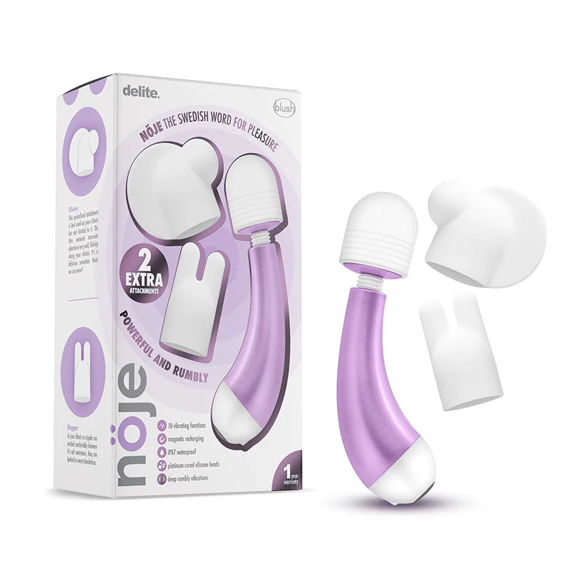 Blush Noje Delite Rechargeable Mini Wand Vibrator with 3 Silicone Head Attachments Wisteria