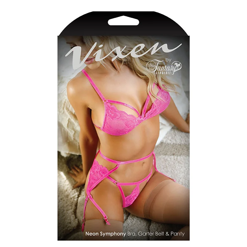 Fantasy Lingerie Vixen Neon Symphony Bralette, Garter Belt & Panty Electric Pink O/S