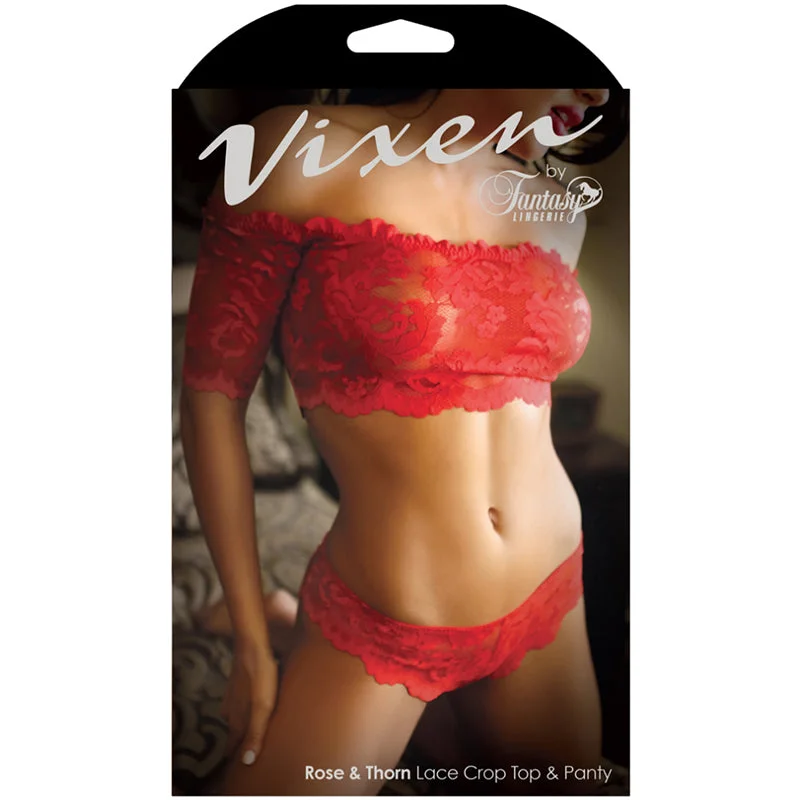 Fantasy Lingerie Vixen Rose & Thorn Lace Crop Top & Matching Panty Red O/S