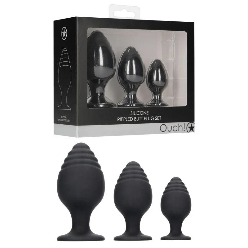 Ouch! Rippled Butt Plug Set - Black Butt Plugs - Set of 3 Sizes