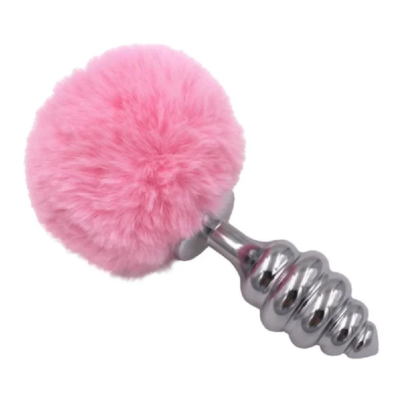 Pink Ribbed-Contoured Bunny Tail Plug 2.7 to 3.5" Long